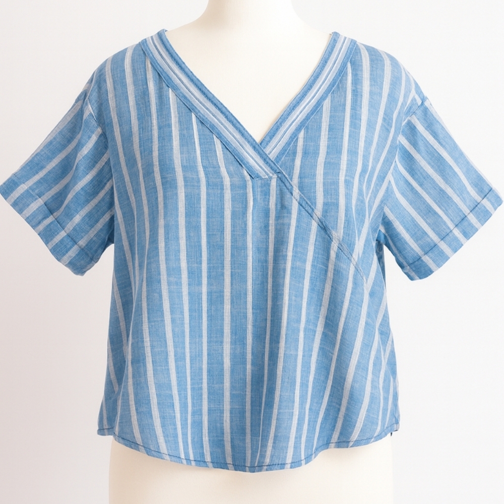 Pilcro ANTHROPOLOGIE Blue and White Striped Linen Blouse